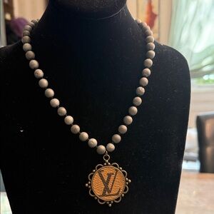 Recycled Louis Vuitton pendant necklace with genuine, lava rock hummus stones